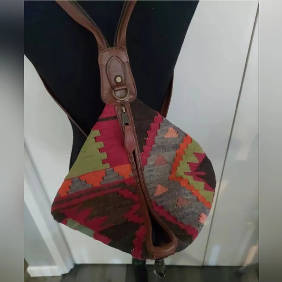 Turkish Wool Kilim Carpe backpack-bag Bohemian Tapestry Leather Straps Indiecore - Picture 3 of 11